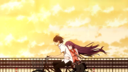 Anime scene featuring Hitagi Senjōgahara and Koyomi Araragi from Bakemonogatari series, riding a bike during a sunset. The background is a vibrant, high-definition golden sky, highlighting their journey.