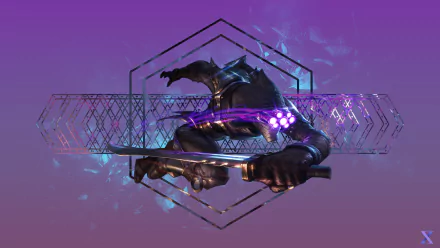 HD PC desktop wallpaper featuring Master Yi from League of Legends, showcasing the champion in a dynamic pose with glowing effects and futuristic geometric elements.