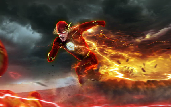 HD desktop wallpaper of The Flash from the TV show The Flash (2014), showing the superhero in his signature red suit running with lightning speed under ominous storm clouds.