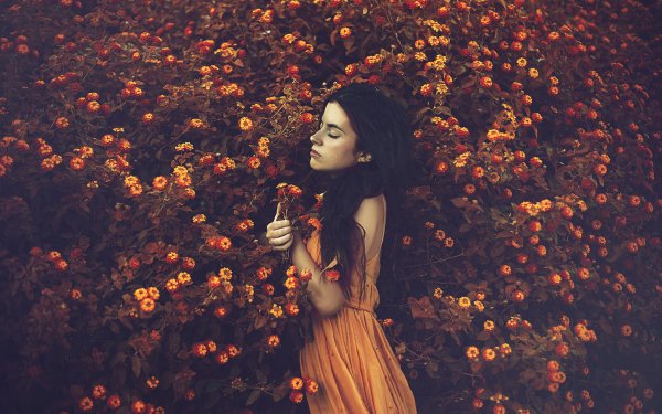 Women Mood Model Orange Dress Brunette Flower HD Wallpaper | Background Image