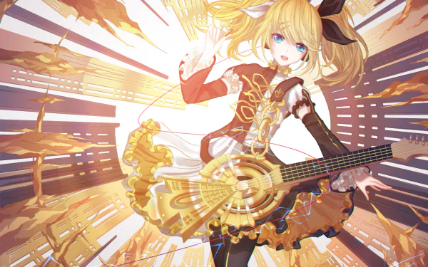 HD anime desktop wallpaper featuring Rin Kagamine from Vocaloid, playing an ornate guitar with dynamic golden and orange light effects in the background.