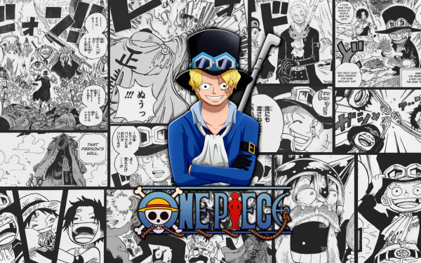 HD desktop wallpaper of Sabo from One Piece with a comic strip background. Sabo is seen in the forefront with the One Piece logo beneath him.