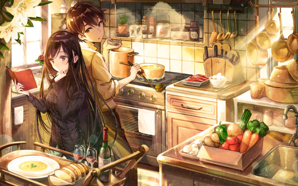 Anime characters cooking in a cozy, well-stocked kitchen with vibrant ingredients. A warm, sunlit atmosphere fills the room. HD desktop wallpaper and background.