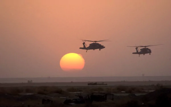 HD desktop wallpaper showing two military helicopters flying against a sunset backdrop, capturing the silhouette of aircraft in a serene, orange-hued sky.