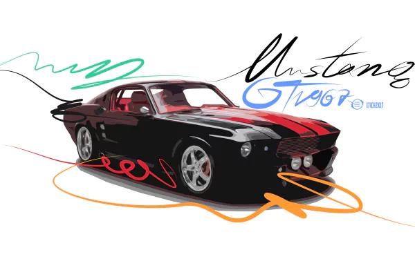 HD wallpaper featuring a sleek Ford Mustang GT with red and black stripes, surrounded by vibrant, swirling colors. The word Mustang and GT are artistically integrated into the background.