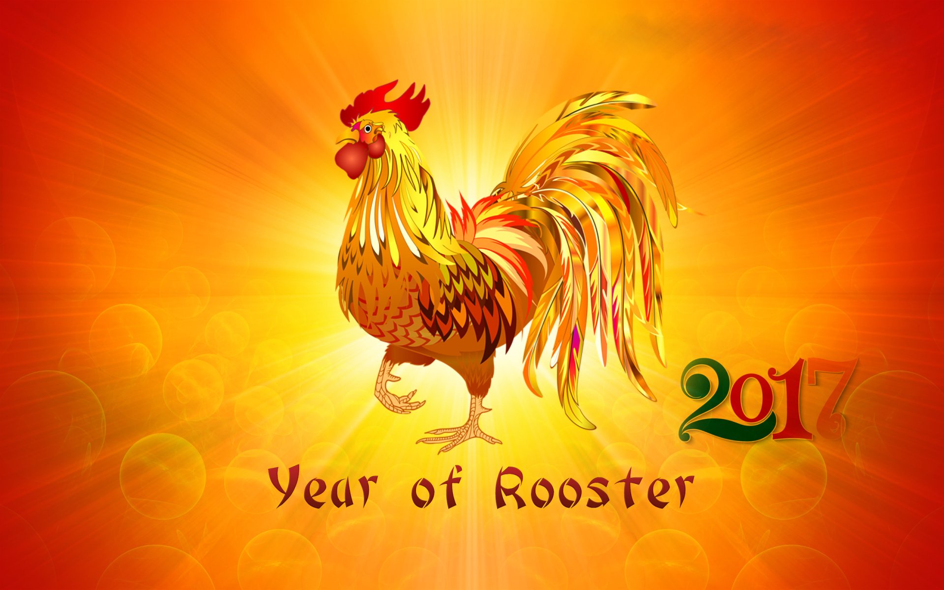 HD desktop wallpaper featuring a colorful rooster with vibrant feathers, set against a fiery background, celebrating Chinese New Year 2017. Text reads Year of Rooster in elegant font.
