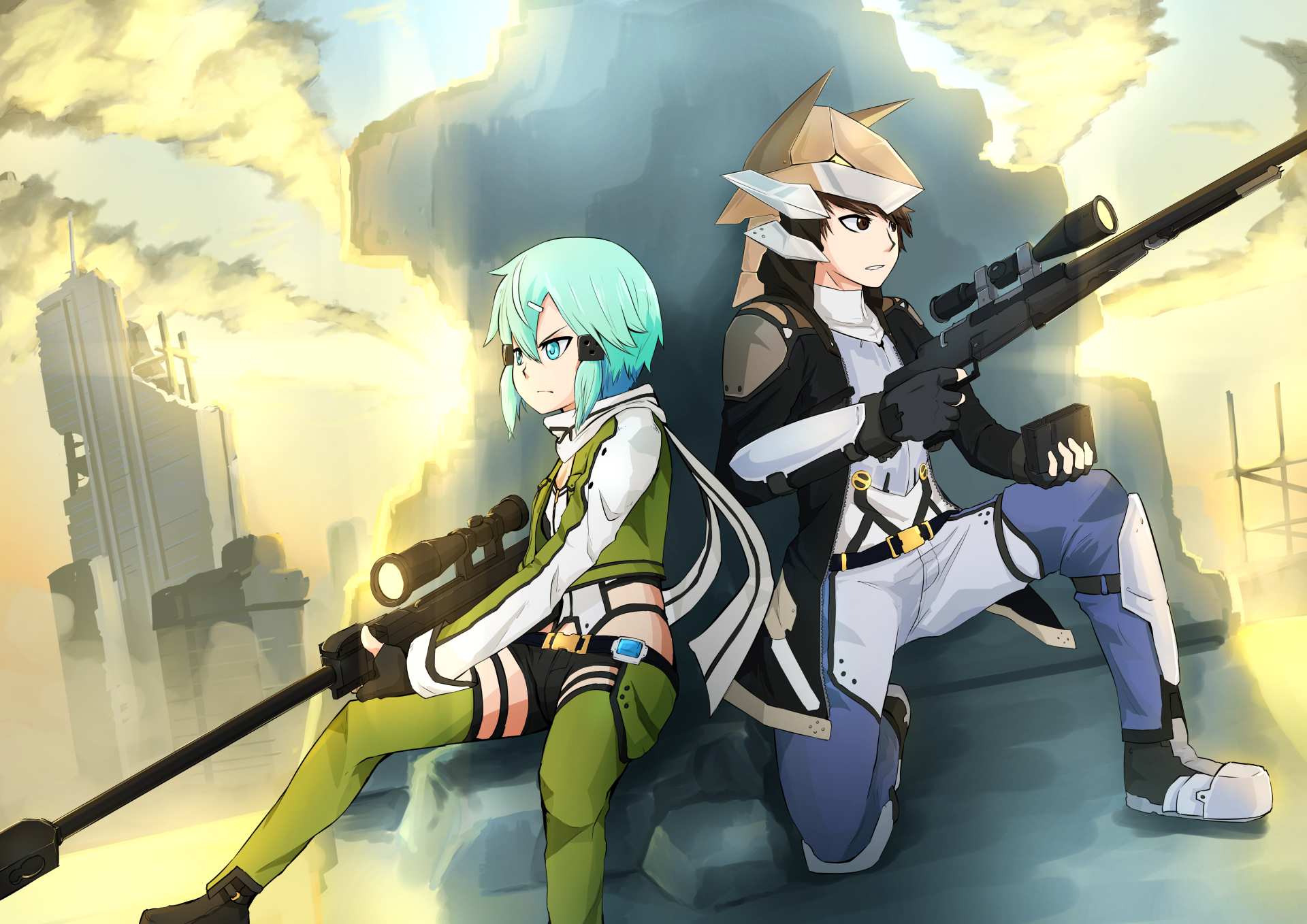 Anime-style 4K Ultra HD desktop wallpaper featuring Shino Asada from Sword Art Online II, poised with sniper rifles against a dramatic cityscape backdrop.