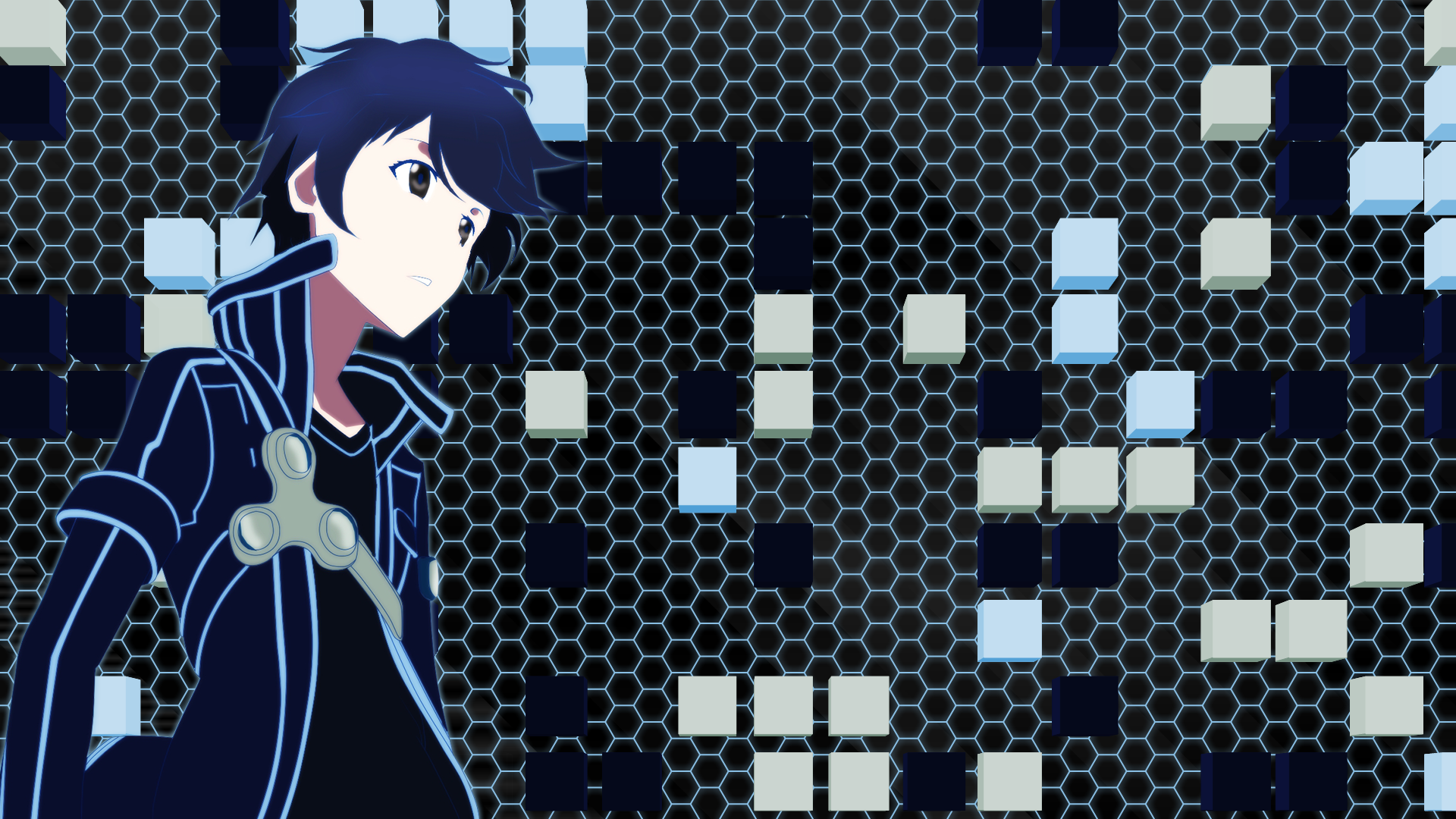 HD PC desktop wallpaper featuring Kazuto Kirigaya, also known as Kirito from the anime Sword Art Online, against a digital, futuristic background.