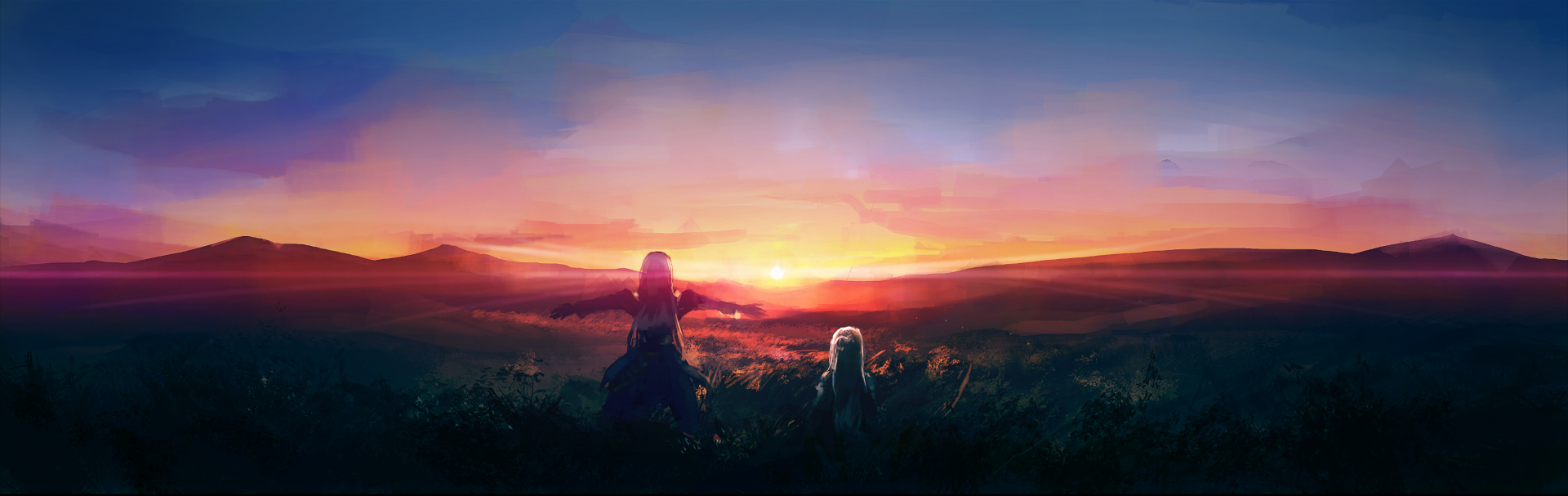 HD anime desktop wallpaper featuring two Sword Art Online characters watching a vibrant sunset over a vast, colorful landscape.