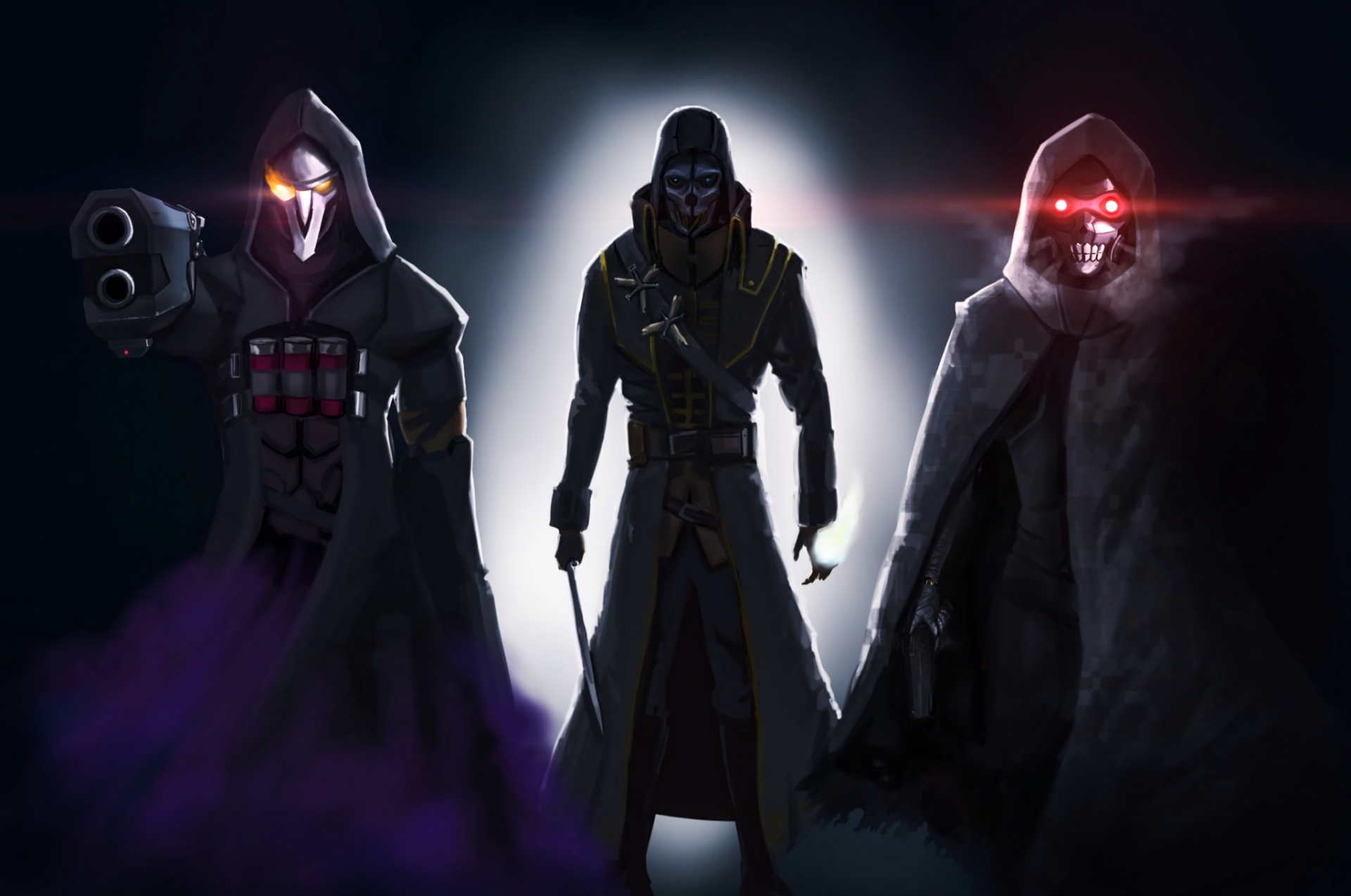 Three hooded characters, Reaper from Overwatch and Death Gun from Sword Art Online II, stand in a dramatic pose. The HD wallpaper shows them with intense expressions and dark, sinister backgrounds.