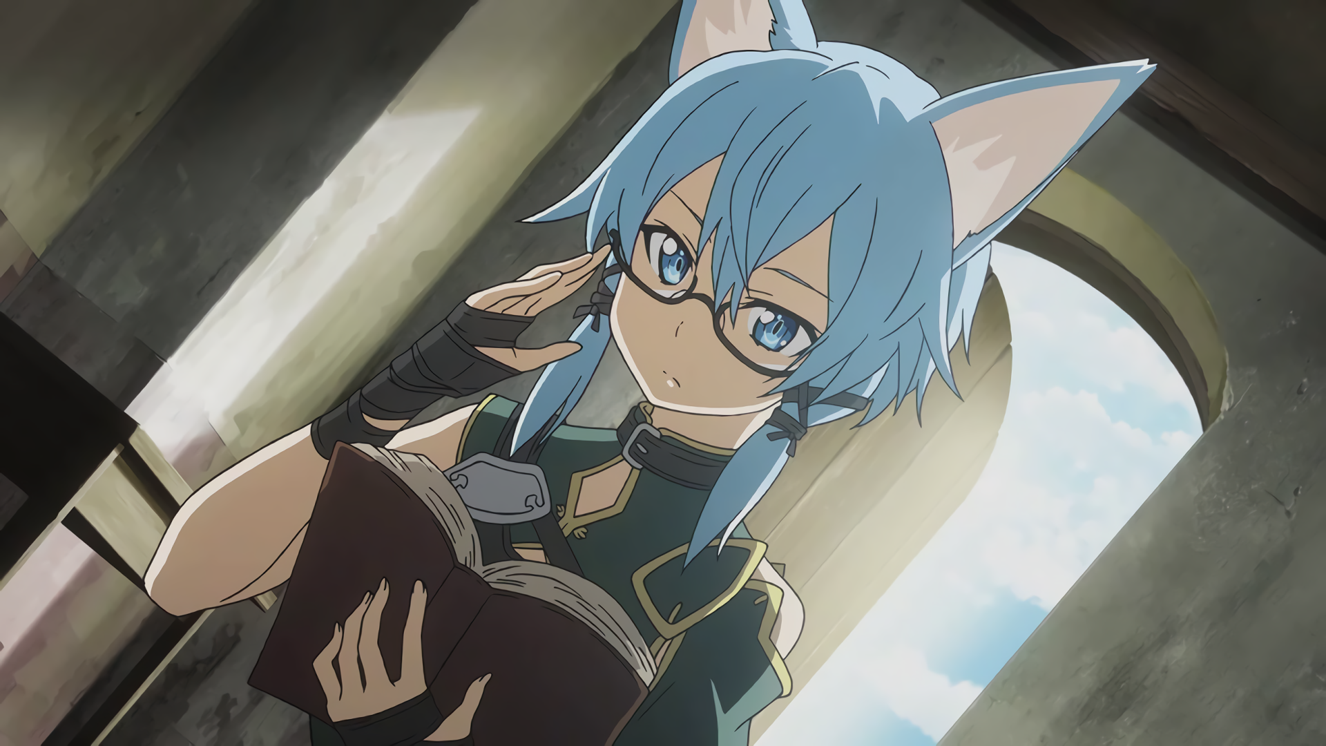 HD desktop wallpaper of Shino Asada as Sinon from Sword Art Online II, featuring the character with blue hair, cat ears, glasses, and reading a book against a background of an arched window.