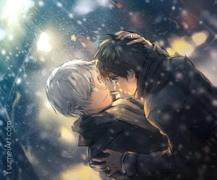 Anime characters Yuuri Katsuki and Victor Nikiforov from Yuri!!! on ICE share an intimate moment in a snowy setting, captured in this HD wallpaper and background.