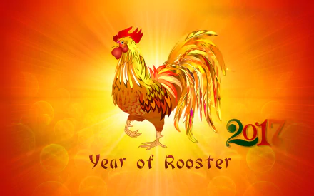 HD desktop wallpaper featuring a colorful rooster with vibrant feathers, set against a fiery background, celebrating Chinese New Year 2017. Text reads Year of Rooster in elegant font.