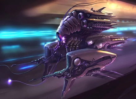 HD wallpaper of a Sci-Fi spaceship with alien technology and weaponry, featuring a sleek, armored design and glowing blue lights in the background.