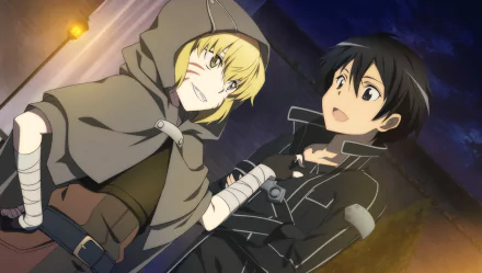 HD PC desktop wallpaper featuring Argo and Kirito (Kazuto Kirigaya) from the anime Sword Art Online in a nighttime scene.