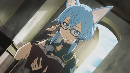 HD desktop wallpaper of Shino Asada as Sinon from Sword Art Online II, featuring the character with blue hair, cat ears, glasses, and reading a book against a background of an arched window.