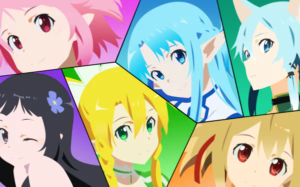 Minimalist HD PC desktop wallpaper featuring key female characters from Sword Art Online II, including Asuna Yuuki, Shino Asada, Lisbeth, Silica, Leafa, Yui, and Suguha Kirigaya.
