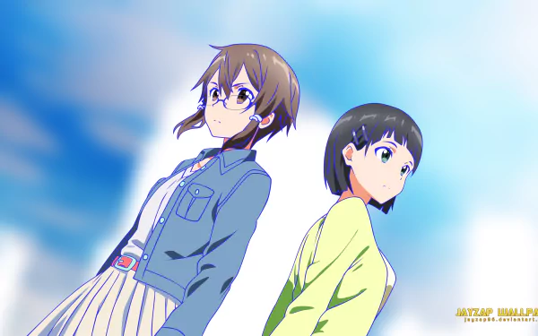 This HD desktop wallpaper features Suguha Kirigaya and Shino Asada from Sword Art Online II against a vibrant sky background. The anime-style illustration captures both characters in a serene moment.