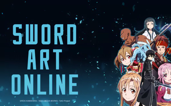HD desktop wallpaper featuring Kirito, Asuna, Yui, Silica, Lisbeth, and other characters from the anime Sword Art Online against a dark starry background.