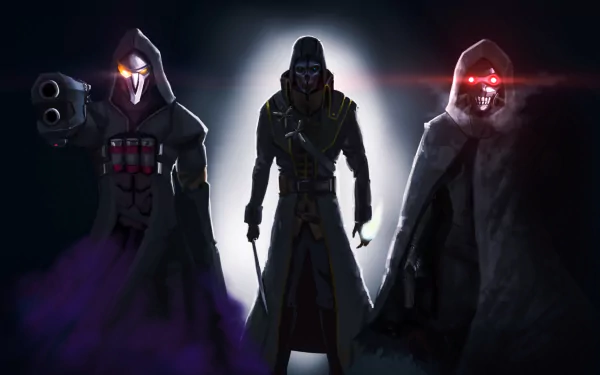 Three hooded characters, Reaper from Overwatch and Death Gun from Sword Art Online II, stand in a dramatic pose. The HD wallpaper shows them with intense expressions and dark, sinister backgrounds.