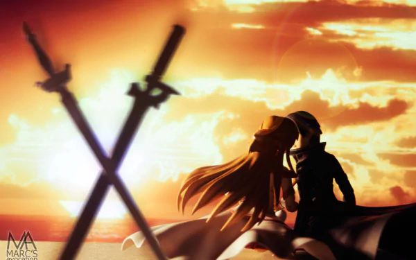 HD desktop wallpaper of Asuna Yuuki and Kirito (Kazuto Kirigaya) from Sword Art Online, featuring a sunset background with crossed swords in the foreground.