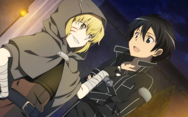 HD PC desktop wallpaper featuring Argo and Kirito (Kazuto Kirigaya) from the anime Sword Art Online in a nighttime scene.