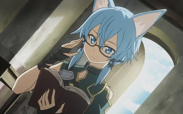 HD desktop wallpaper of Shino Asada as Sinon from Sword Art Online II, featuring the character with blue hair, cat ears, glasses, and reading a book against a background of an arched window.