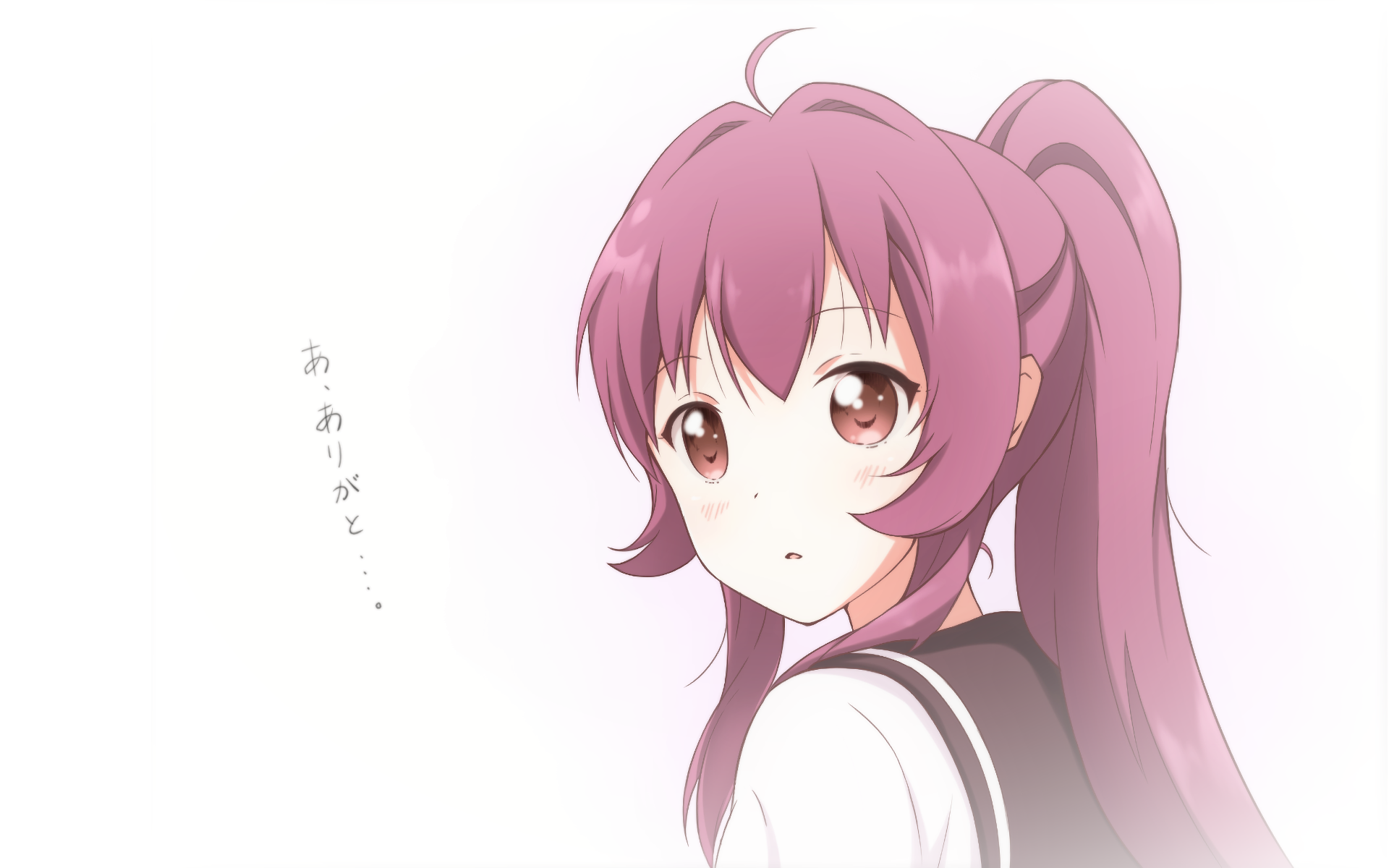 HD anime desktop wallpaper featuring a YuruYuri character with pink hair tied in a ponytail, looking softly to the side against a white background.