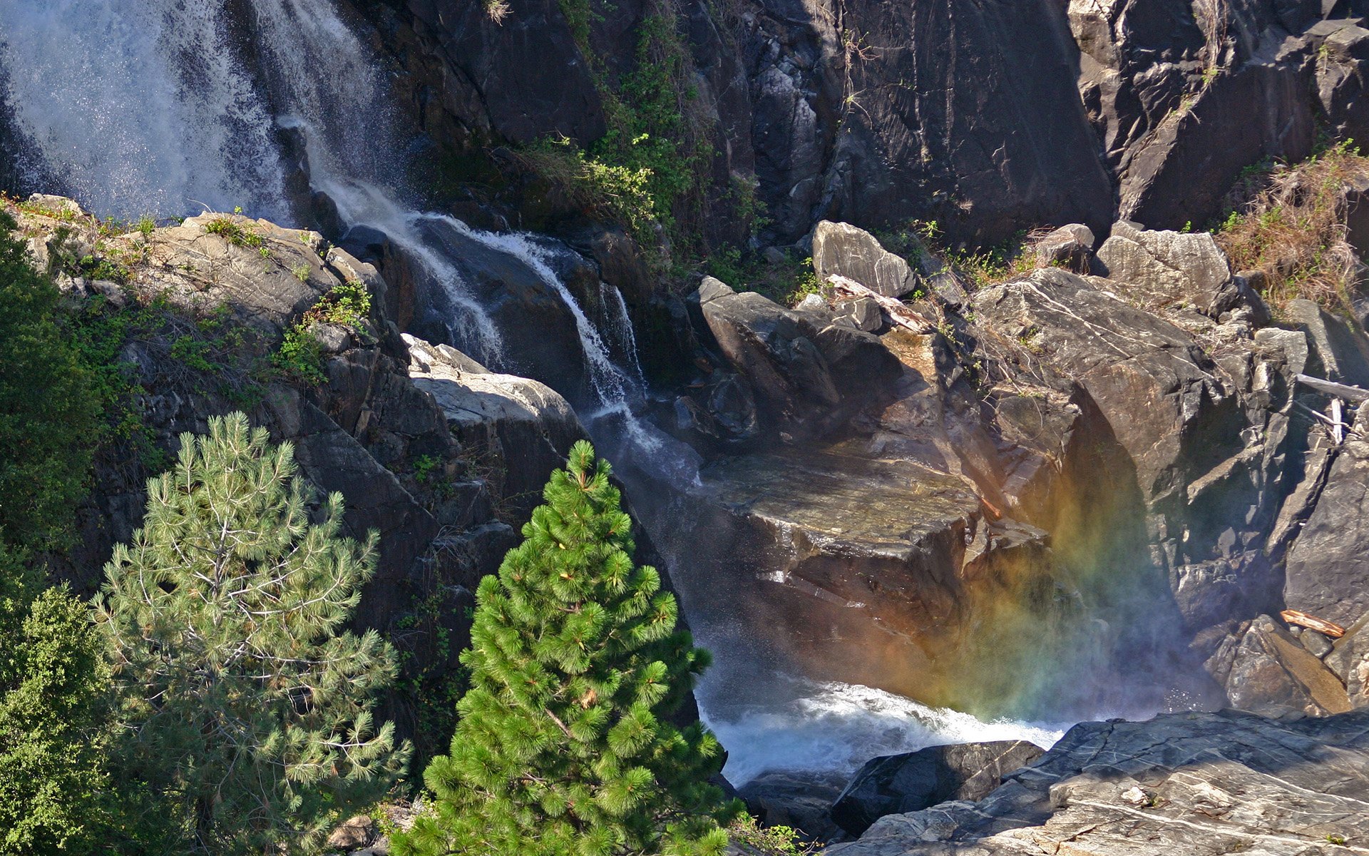 Download Mountain Rainbow Tree Nature Waterfall HD Wallpaper