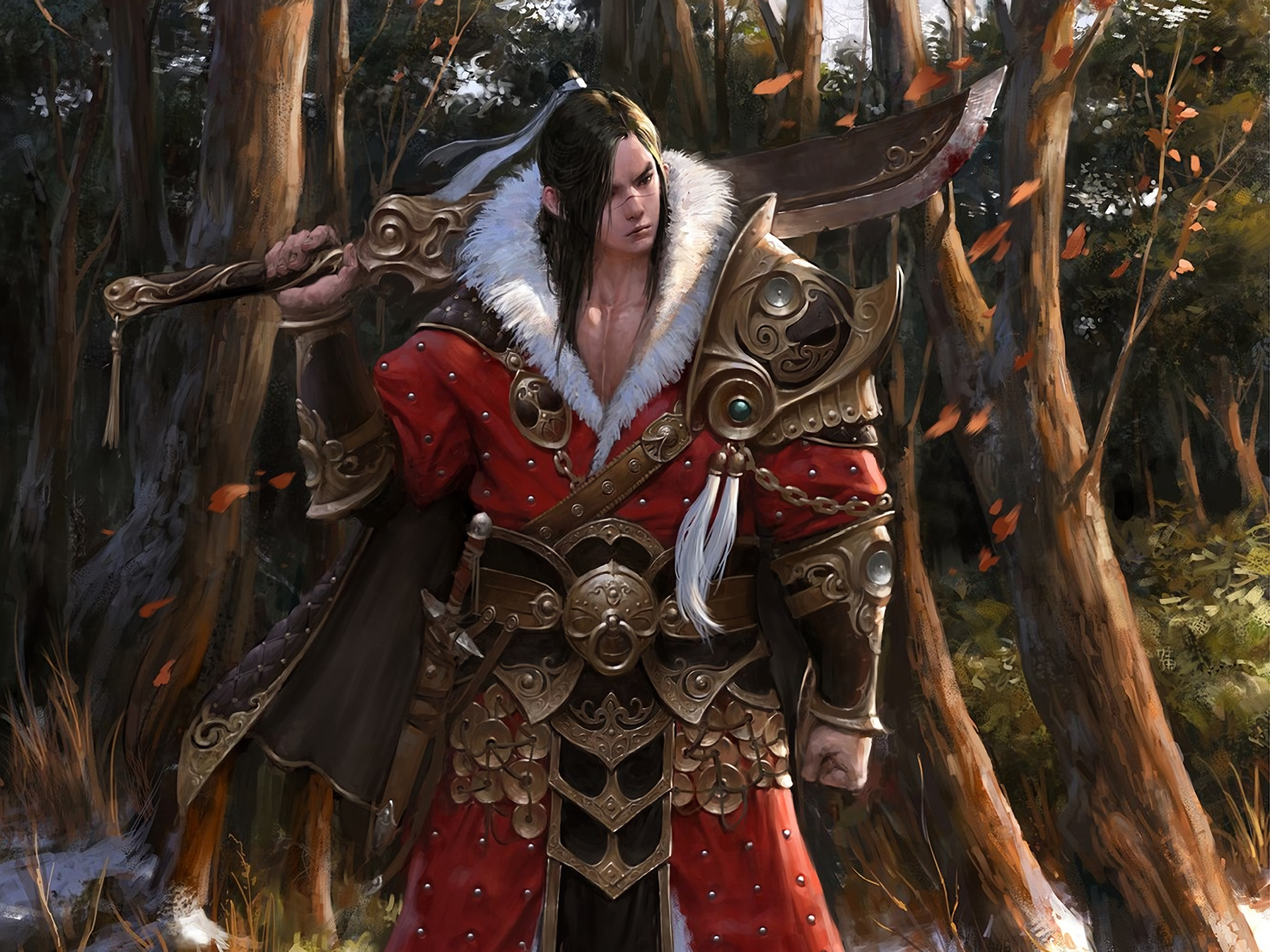 An HD desktop wallpaper featuring a fantasy warrior in intricate armor, holding a large sword in a forest setting. The warrior is dressed in red and gold, with detailed decorations and a fur-lined cloak.