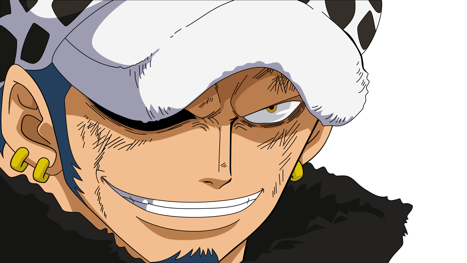 HD desktop wallpaper of Trafalgar Law from the anime One Piece, featuring a close-up of his face with a confident smirk, wearing his signature hat and fur-collared coat.