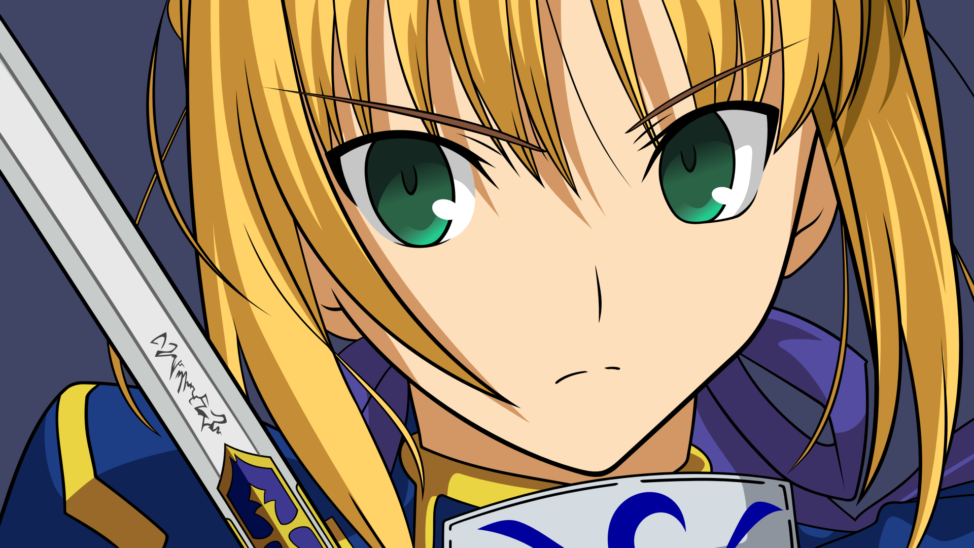 Close-up of Saber (Fate/Stay Night) as an anime 4K Ultra HD PC wallpaper: stern gaze, green eyes, blonde hair, blue armor and a raised sword.