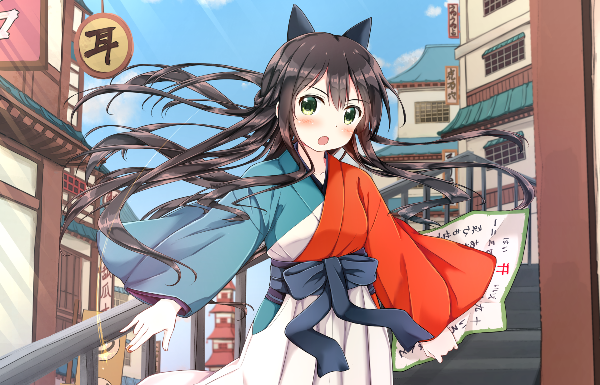 HD PC desktop wallpaper featuring an anime character from Urara Meirochō with cat ears, wearing a traditional outfit in a vibrant town setting.