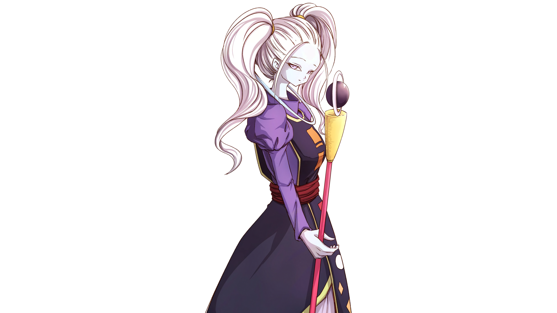 HD desktop wallpaper background featuring Marcarita from Dragon Ball Super in a dynamic pose, wearing her signature outfit with her staff.