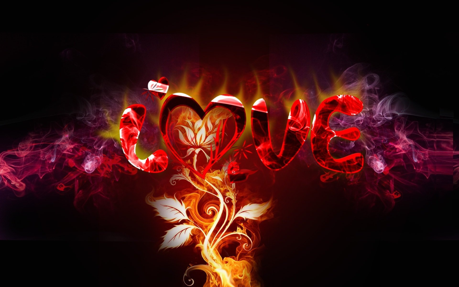HD desktop wallpaper featuring the word Love engulfed in vibrant flames and smoke, with artistic flower designs intertwined. A fusion of vivid colors creating a striking background.