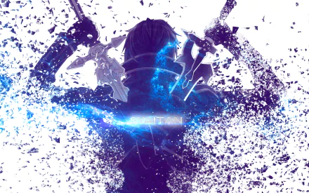 HD desktop wallpaper featuring Kazuto Kirigaya, also known as Kirito, from Sword Art Online, depicted amidst a dynamic, fragmented background with an ethereal blue glow surrounding him and his swords.