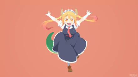 Tohru from Miss Kobayashi's Dragon Maid in bright anime style, set against a peach background, rendered in 4K Ultra HD for PC desktop wallpaper.