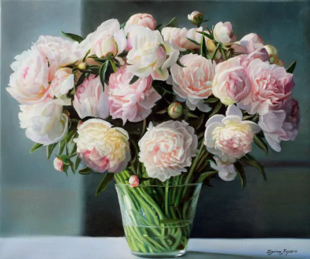 Artistic painting of pink roses in a glass vase with soft petals and green stems — HD PC desktop wallpaper/background.