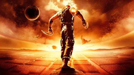 Riddick from the movie The Chronicles of Riddick strides across a fiery alien landscape toward planets in the sky — HD PC desktop wallpaper background.