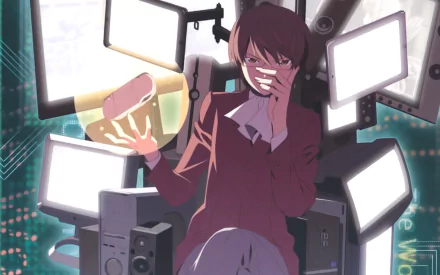 HD desktop wallpaper of Keima Katsuragi from The World God Only Knows anime, featuring him surrounded by multiple screens in a tech-filled environment.