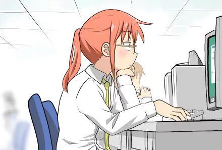 HD desktop wallpaper featuring Kobayashi from Miss Kobayashi's Dragon Maid, seated at a desk in an office setting, staring thoughtfully at a computer screen.