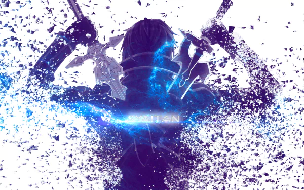 HD desktop wallpaper featuring Kazuto Kirigaya, also known as Kirito, from Sword Art Online, depicted amidst a dynamic, fragmented background with an ethereal blue glow surrounding him and his swords.