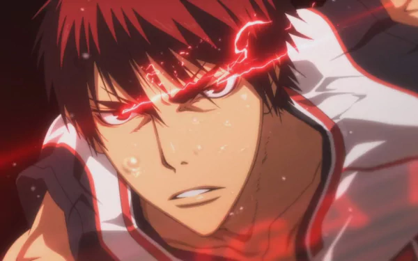 This HD desktop wallpaper features Taiga Kagami from the anime Kuroko's Basketball, showcasing his intense red eyes and red hair in a powerful moment.
