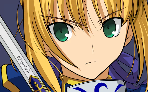 Close-up of Saber (Fate/Stay Night) as an anime 4K Ultra HD PC wallpaper: stern gaze, green eyes, blonde hair, blue armor and a raised sword.