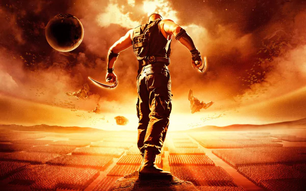Riddick from the movie The Chronicles of Riddick strides across a fiery alien landscape toward planets in the sky — HD PC desktop wallpaper background.