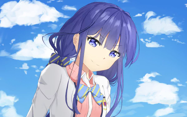 HD wallpaper featuring Aki Adagaki from the anime Masamune-kun's Revenge. The character smiles against a bright blue sky with wispy clouds, creating a vibrant and cheerful background.