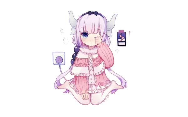 HD desktop wallpaper featuring Kanna Kamui from the anime Miss Kobayashi's Dragon Maid, with a cute and sleepy expression, sitting against a white background.
