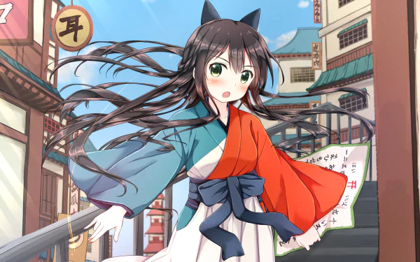 HD PC desktop wallpaper featuring an anime character from Urara Meirochō with cat ears, wearing a traditional outfit in a vibrant town setting.