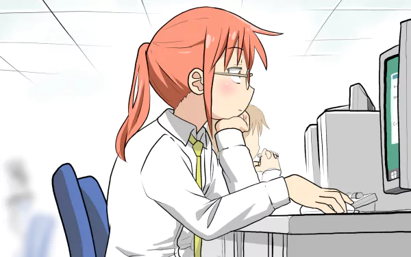 HD desktop wallpaper featuring Kobayashi from Miss Kobayashi's Dragon Maid, seated at a desk in an office setting, staring thoughtfully at a computer screen.