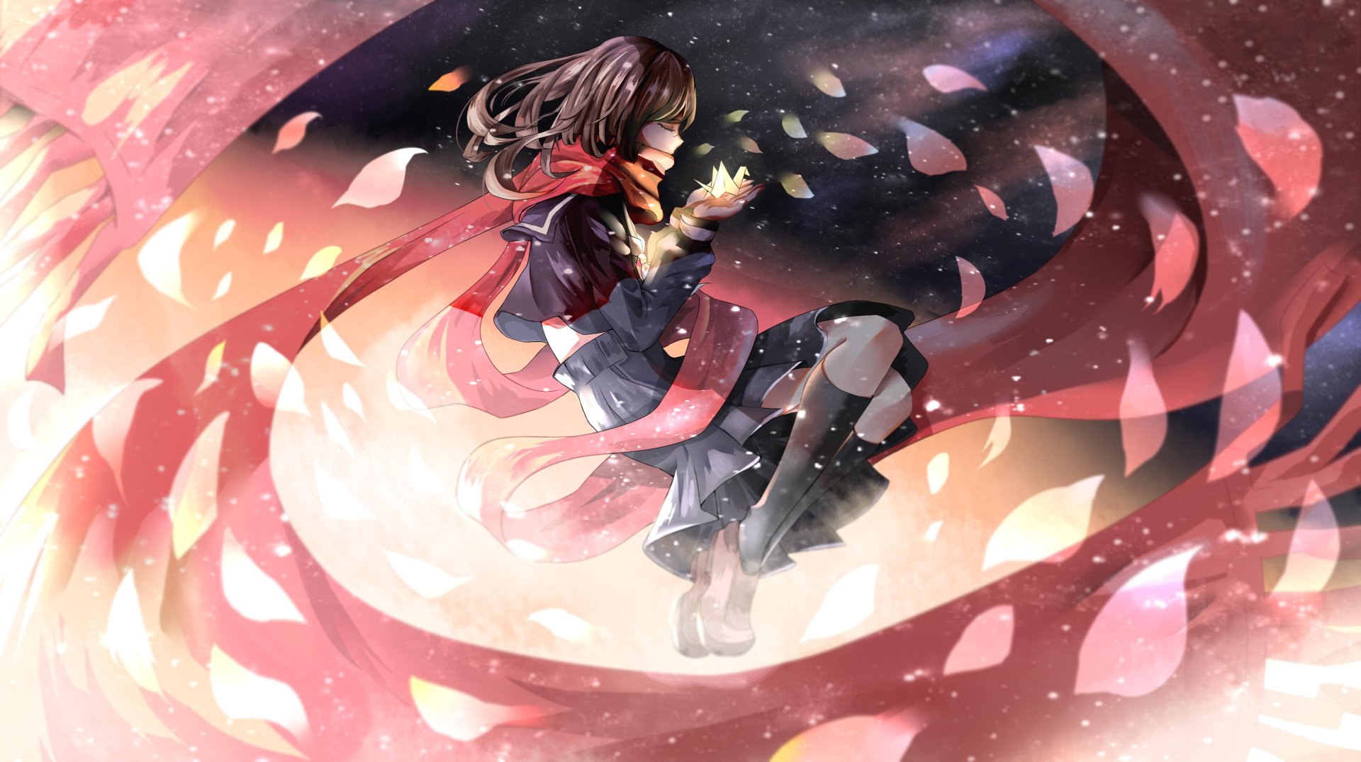 Anime character Ayano Tateyama from Kagerou Project floats surrounded by swirling pink petals and glowing light in this 4K Ultra HD PC desktop wallpaper.